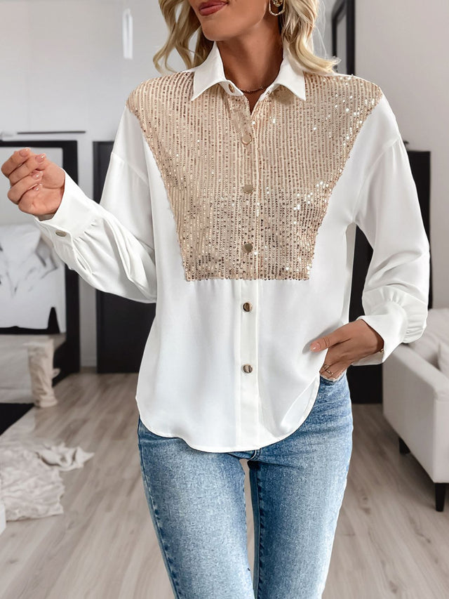 Perfee Sequin Contrast Collared Neck Long Sleeve Shirt | Hanalas