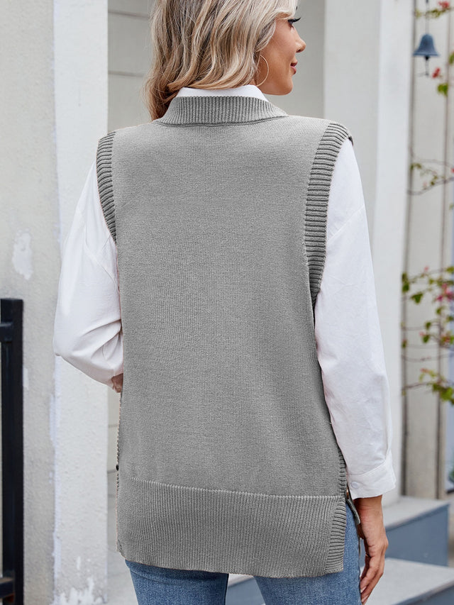 Buttoned Round Neck Sweater Vest | Hanalas