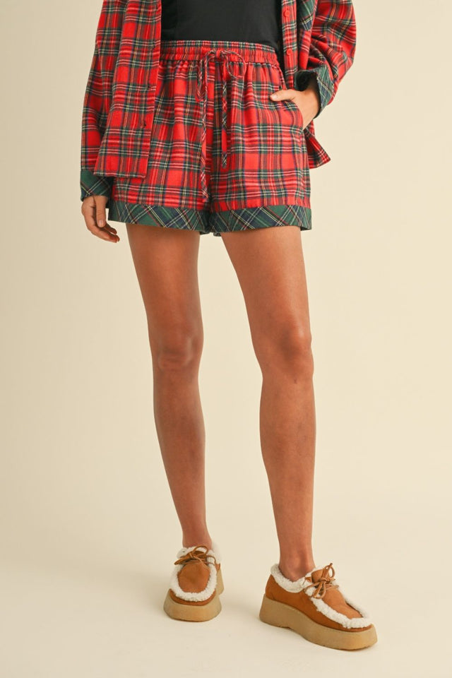 Annie Wear Contrast Plaid Long Sleeve Top and Shorts Set | Hanalas