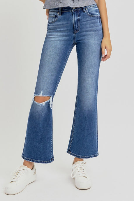 RISEN Full Size Distressed High Rise Crop Flare Jeans Trendsi Hanalas