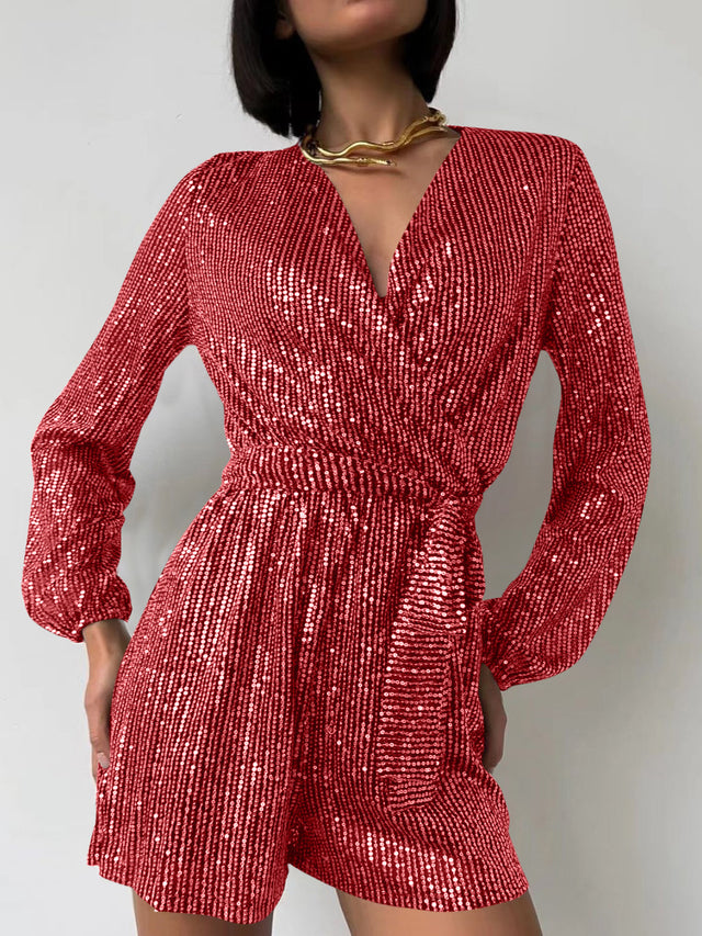 Full Size Sequin Surplice Tie Waist Long Sleeve Romper | Hanalas