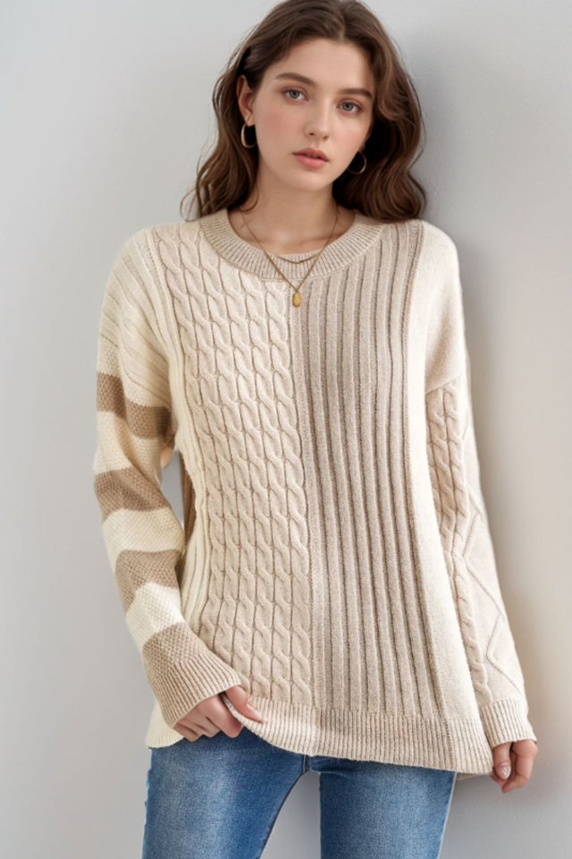 Cable-Knit Color Block Round Neck Sweater Trendsi Hanalas