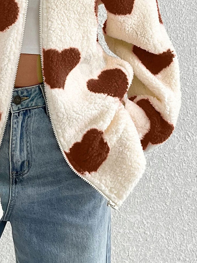 Heart Zip Up Drop Shoulder Furry Jacket | Hanalas