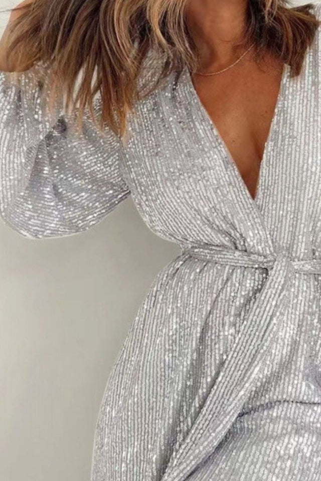 Full Size Sequin Surplice Tie Waist Long Sleeve Romper | Hanalas