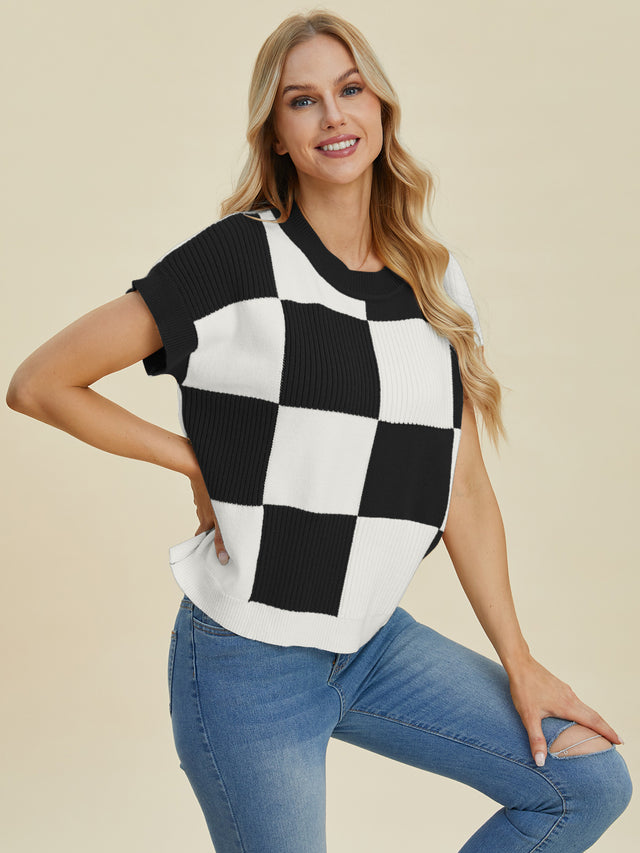 Double Take Full Size Checkered Round Neck Short Sleeve Sweater Trendsi Hanalas