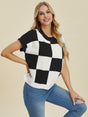 Double Take Full Size Checkered Round Neck Short Sleeve Sweater Trendsi Hanalas