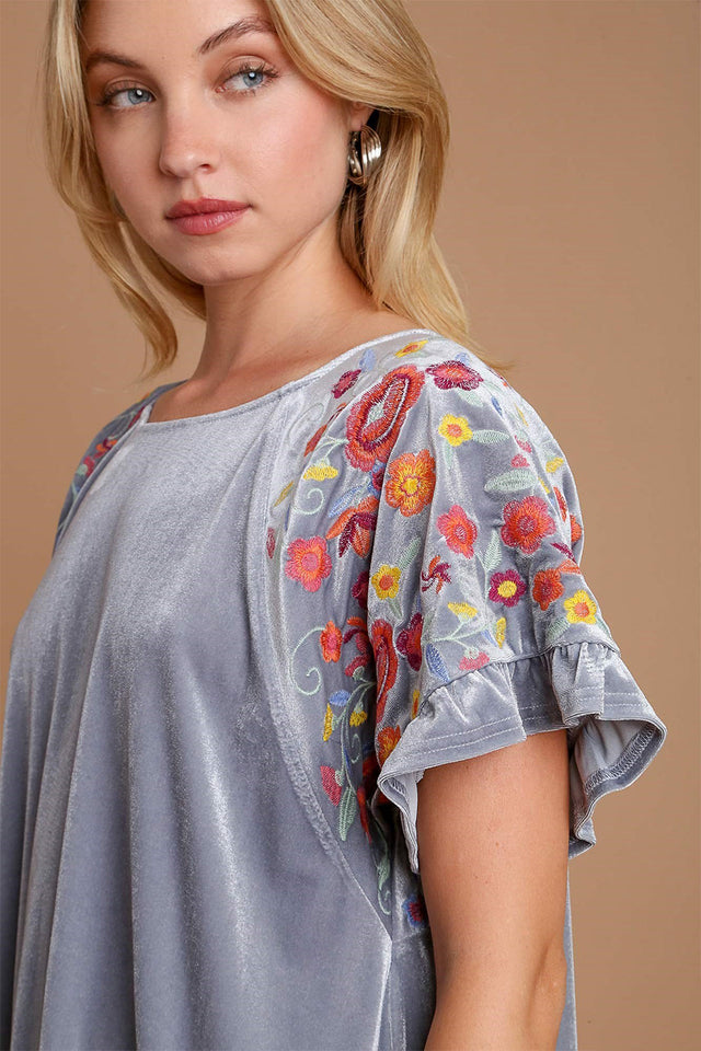 Umgee Velvet Embroidery Short Sleeve Blouse | Hanalas