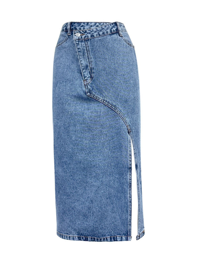 Slit Asymmetrical Waistband Midi Denim Skirt | Hanalas