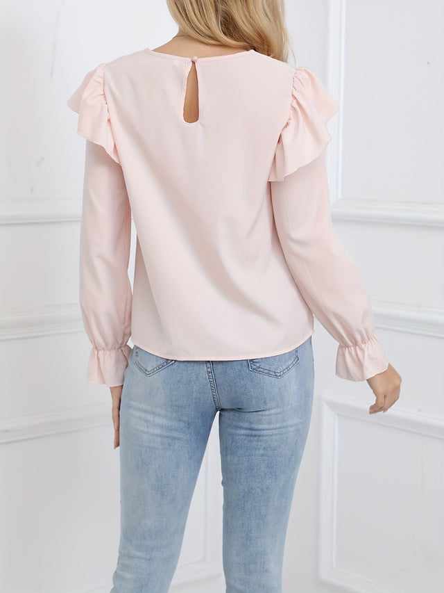 Ruffled Round Neck Long Sleeve Blouse | Hanalas