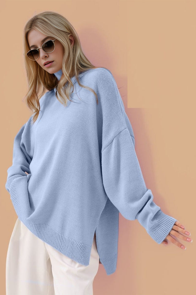 Basic Bae Side Slit Turtleneck Long Sleeve Sweater Trendsi Hanalas