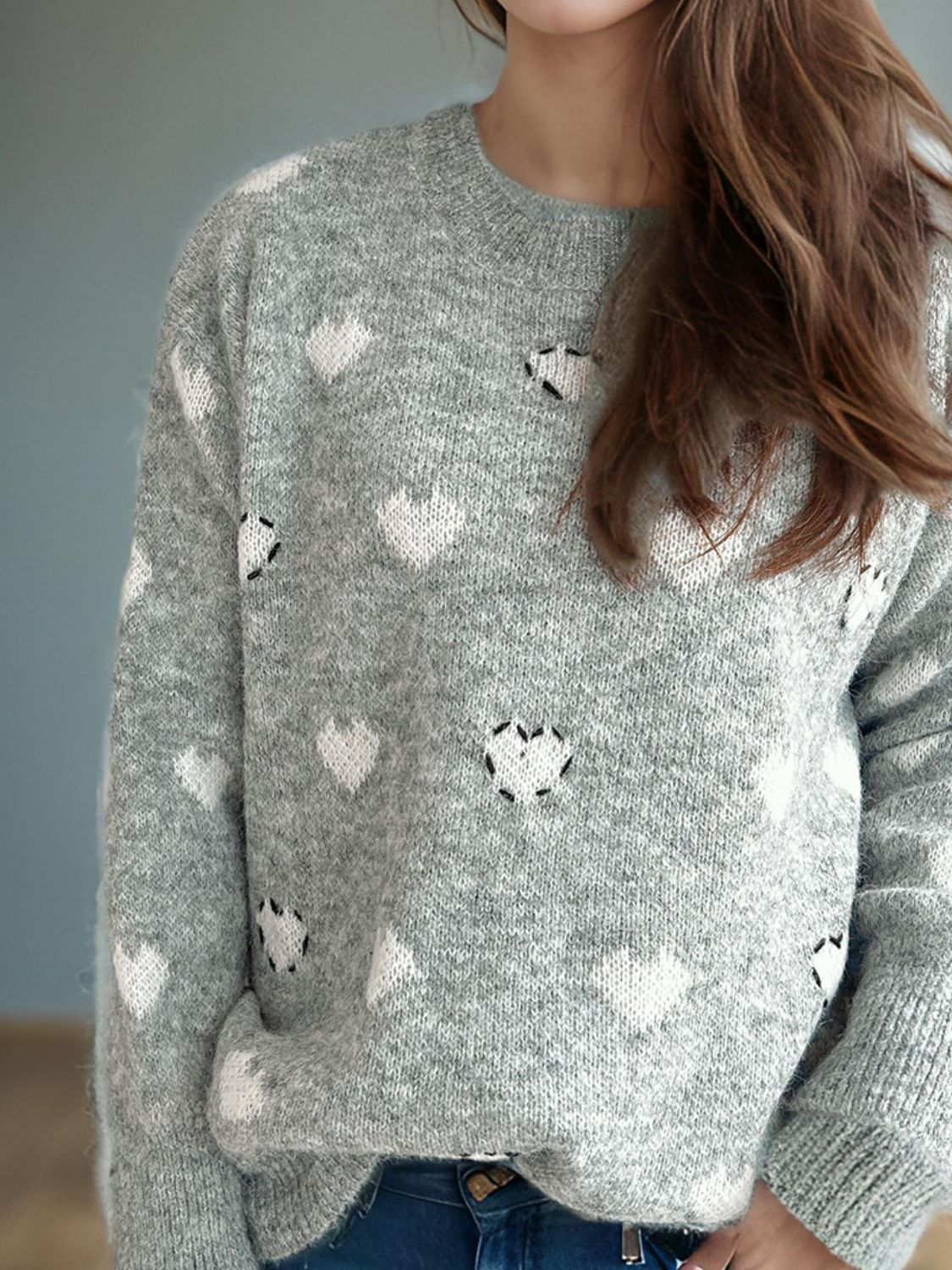 Heart Round Neck Long Sleeve Sweater