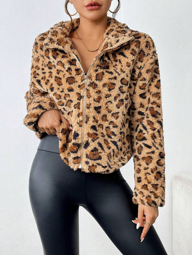 Fuzzy Turtleneck Leopard Zip Up Jacket | Hanalas