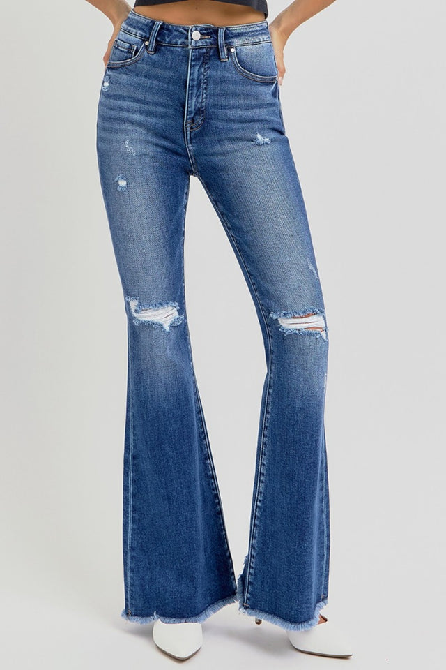 RISEN Full Size High Rise Distressed Raw Hem Flare Jeans | Hanalas