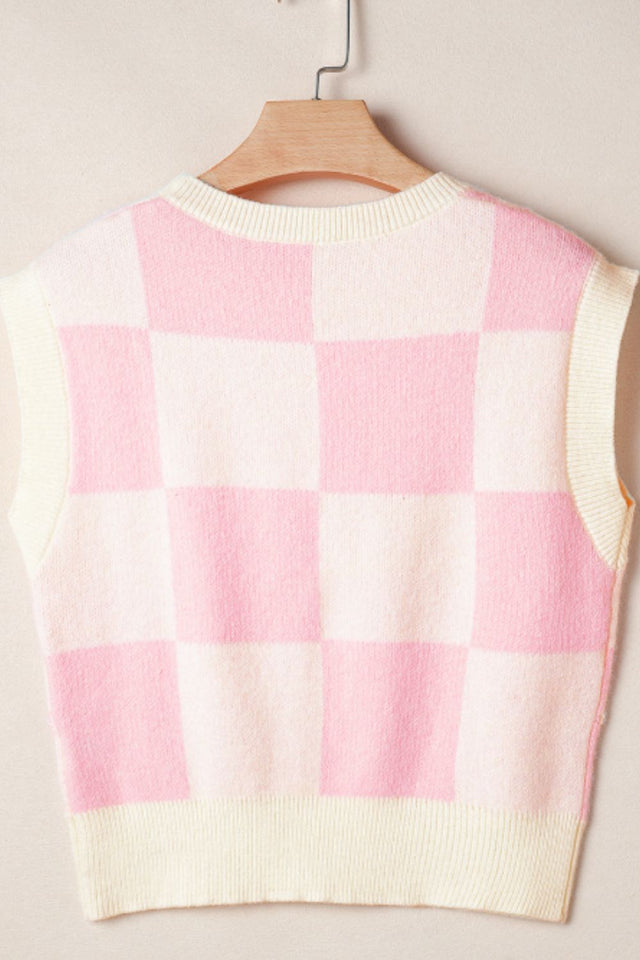 Bow Checkered Round Neck Sweater Vest Trendsi Hanalas