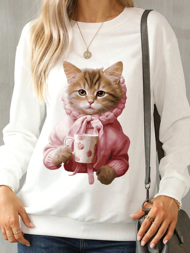 Cat Round Neck Long Sleeve Sweatshirt | Hanalas