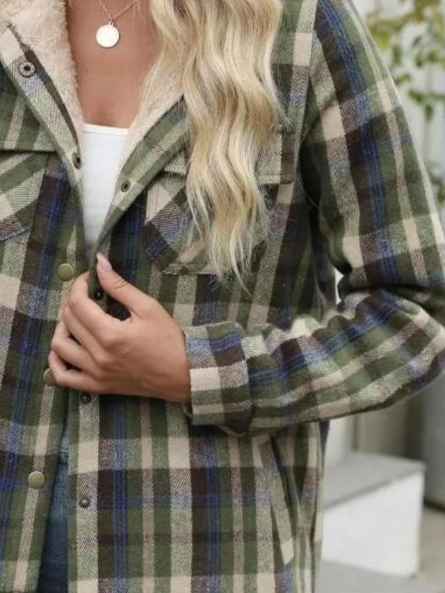 Plaid Snap Down Plush Hooded Jacket | Hanalas