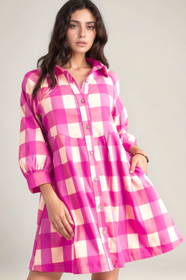 Ruched Plaid Three-Quarter Sleeve Shirt Dress | Hanalas