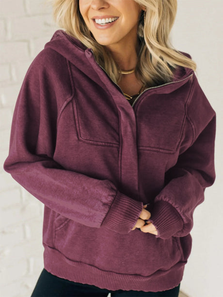 Half Zip Kangaroo Pocket Long Sleeve Hoodie | Hanalas