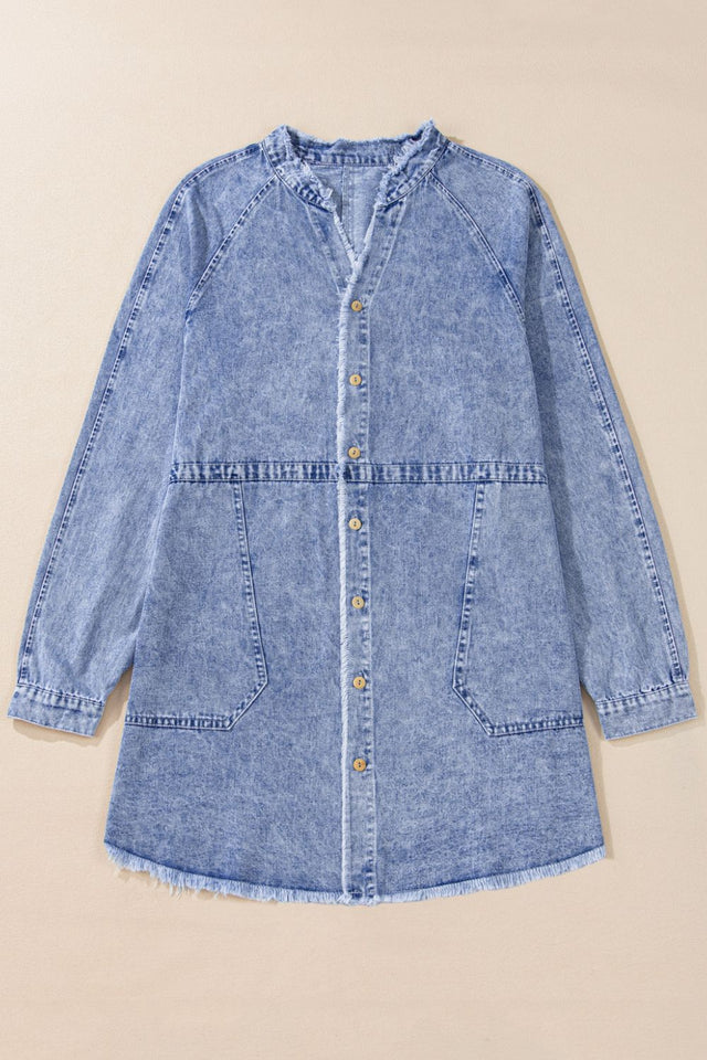 Raw Hem Button Down Long Sleeve Denim Dress Trendsi Hanalas