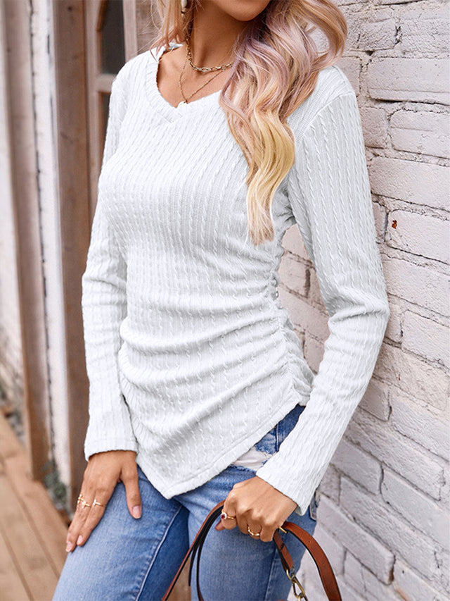 Full Size Ruched V-Neck Long Sleeve T-Shirt | Hanalas