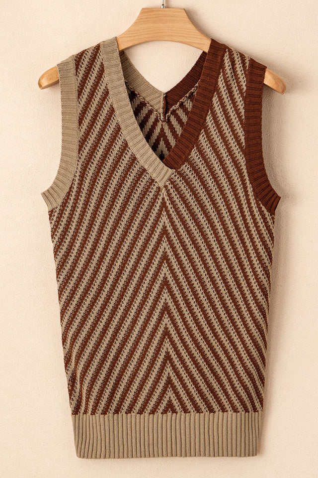 Striped Contrast V-Neck Sweater Vest | Hanalas