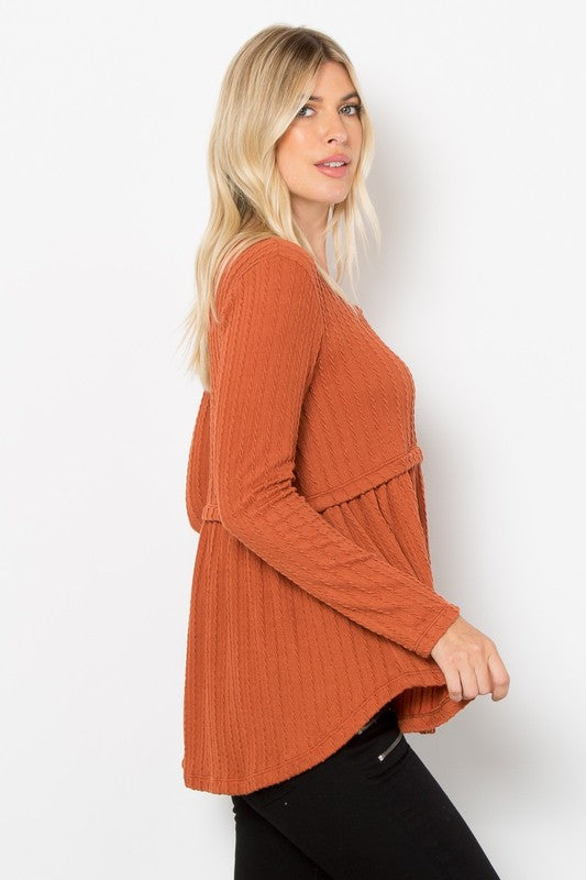 Be Stage Full Size Texture Babydoll Round Neck Long Sleeve Knit Top | Hanalas