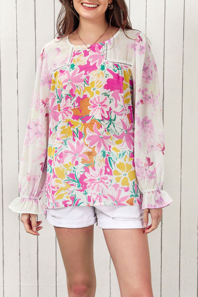 Floral Round Neck Flounce Sleeve Blouse | Hanalas