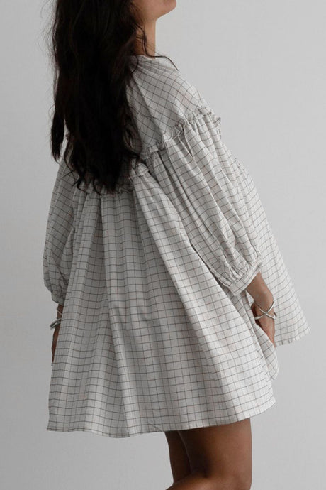 Frill Plaid Notched Balloon Sleeve Mini Dress | Hanalas