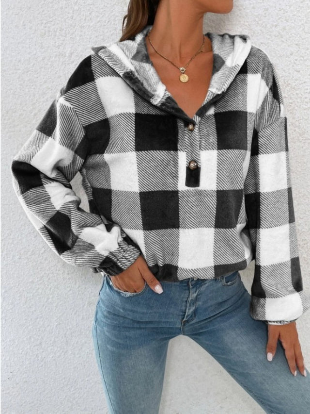 Plaid Half Button Long Sleeve Hoodie | Hanalas