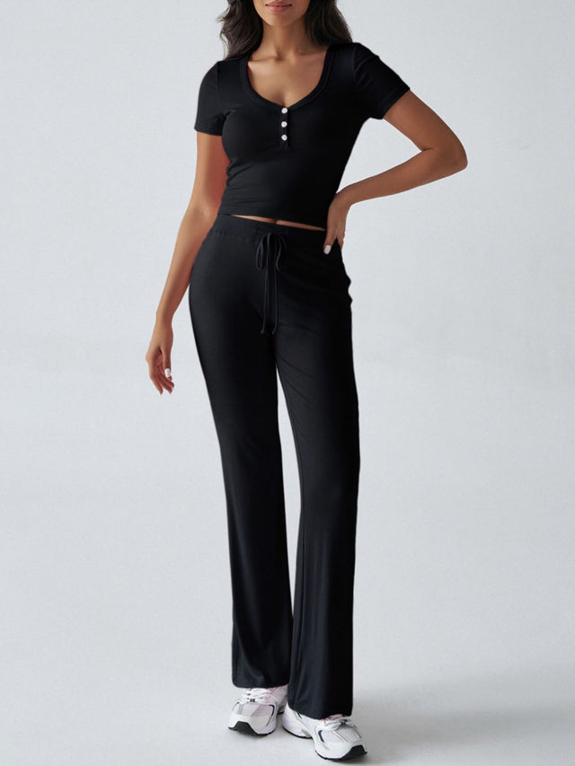 Devine Short Sleeve Top and Drawstring Pants Set | Hanalas