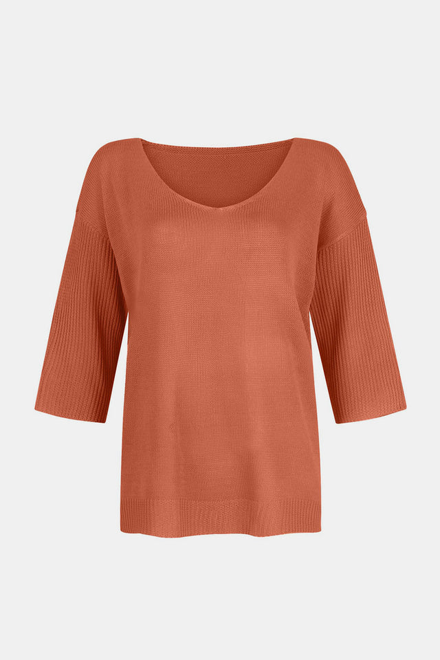 V-Neck Three-Quarter Sleeve Knit Top | Hanalas