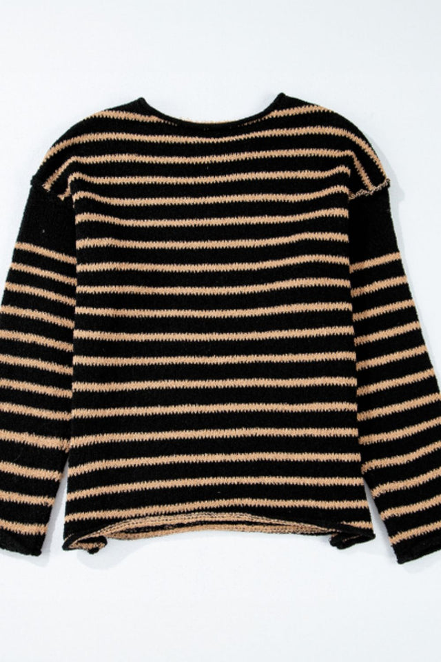 Stripe Drop Shoulder Round Neck Sweater | Hanalas