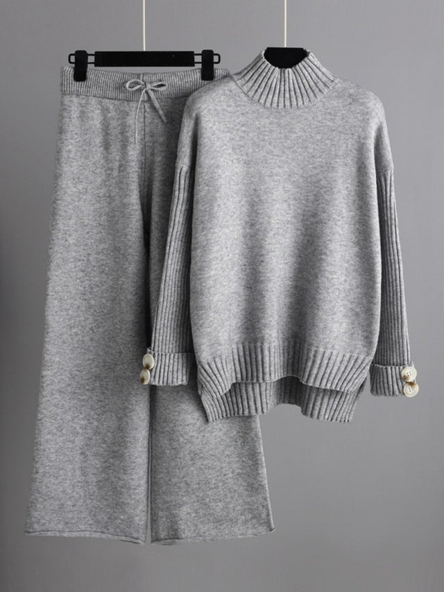 Basic Bae High- Low Turtleneck Long Sleeve Top and Pants Sweater Set Trendsi Hanalas