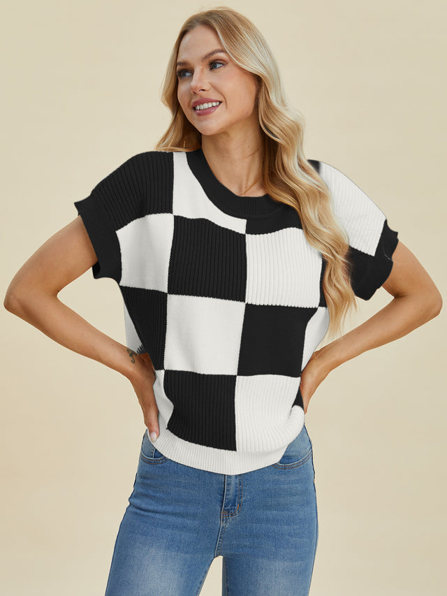 Double Take Full Size Checkered Round Neck Short Sleeve Sweater Trendsi Hanalas