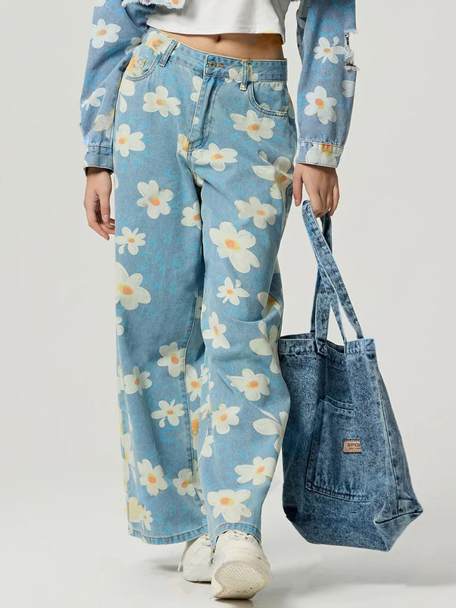 Pocketed Floral Wide Leg Jeans | Hanalas