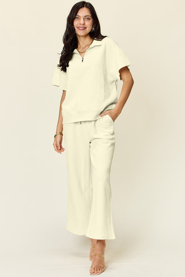 Double Take Full Size Texture Half Zip Short Sleeve Top and Pants Set | Hanalas