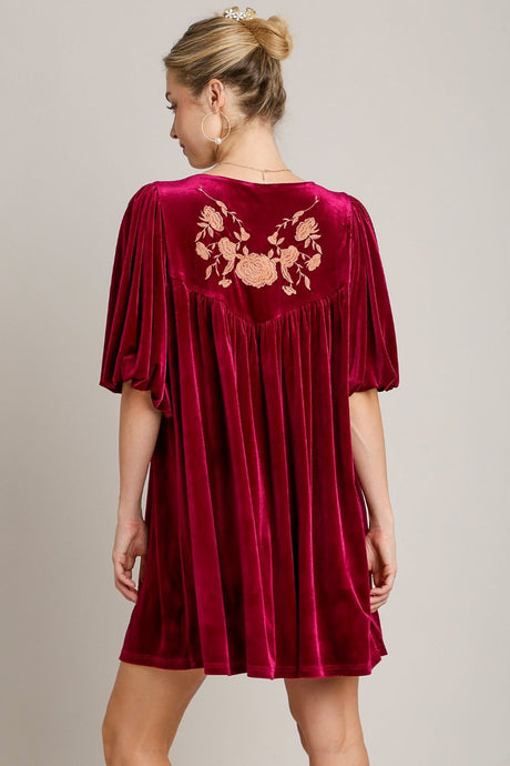 Umgee Embroidered Half Sleeve Velvet Mini Dress with Tassel | Hanalas