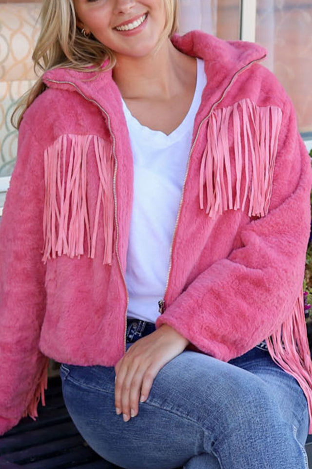 Fringed Zip Up Fleece Jacket | Hanalas