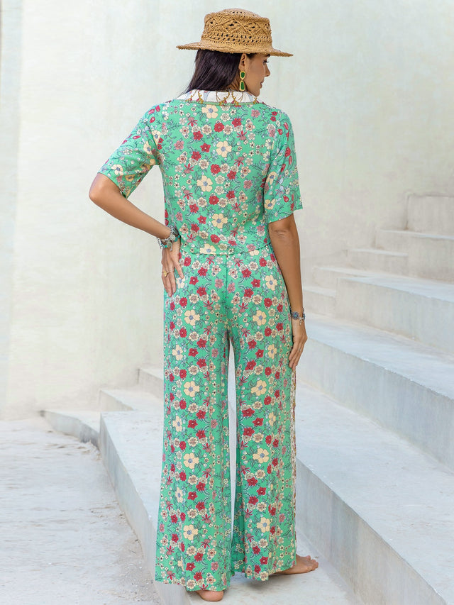 Printed Half Sleeve Top and Wide Leg Pants Set | Hanalas