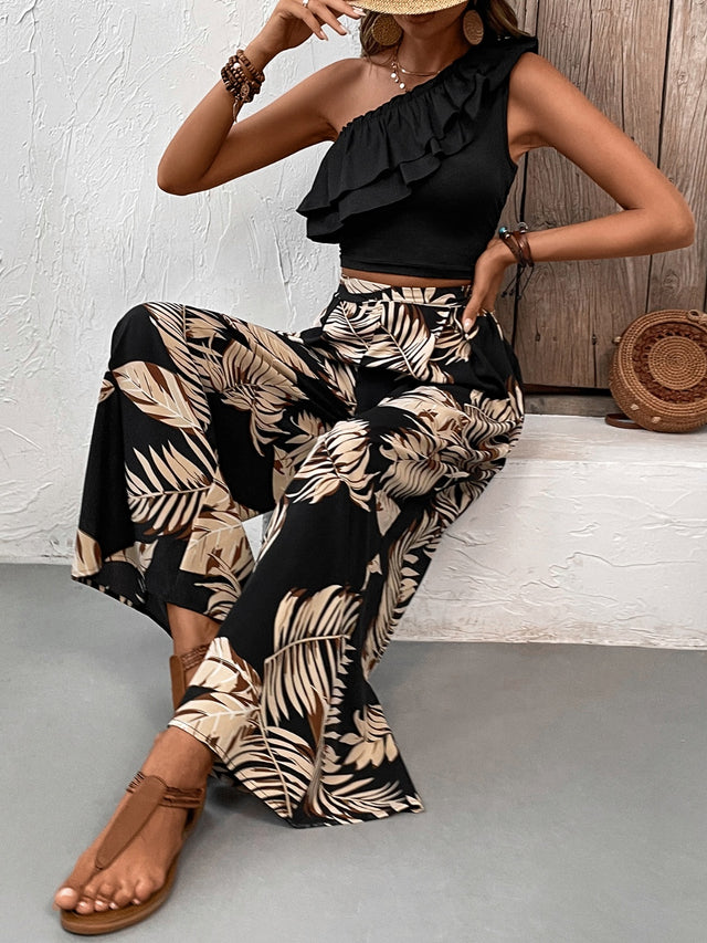 Honey Ruffled Sleeveless Top and Printed Pants Set | Hanalas