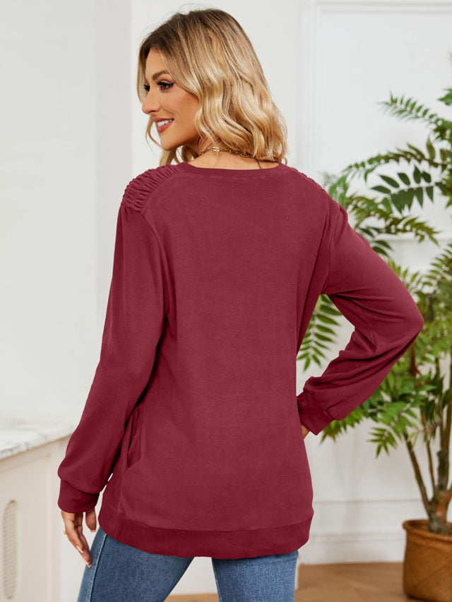 Ruched Shoulder Round Neck Long Sleeve Sweatshirt | Hanalas