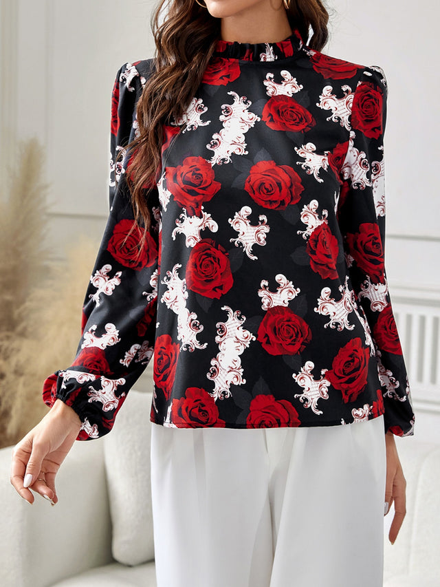 Frill Floral Mock Neck Long Sleeve Top | Hanalas