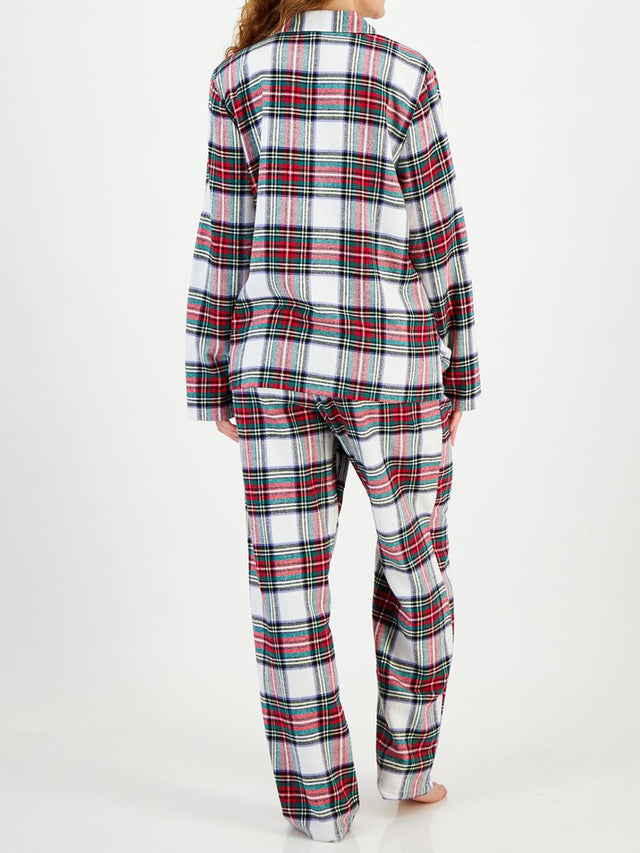 Plaid Collared Neck Button Up Top and Pants Lounge Set | Hanalas