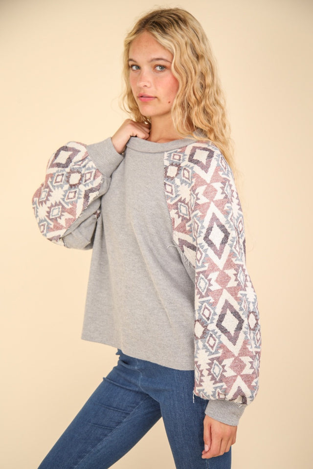 VERY J Printed Long Sleeve Round Neck Knit Top | Hanalas