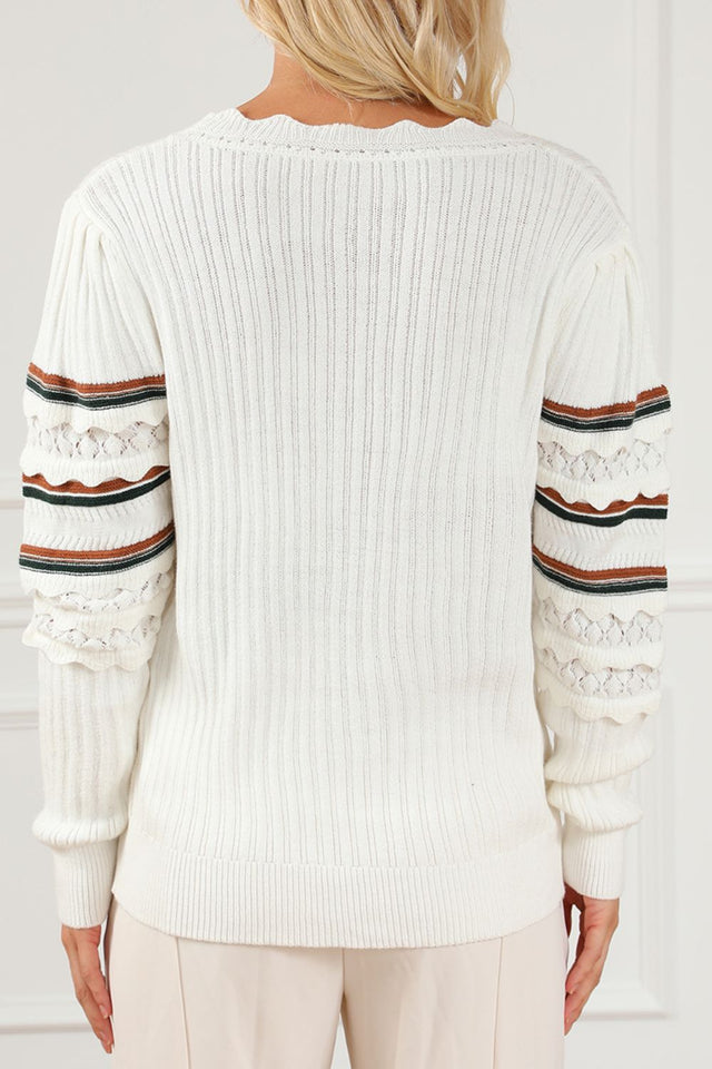 Striped Hollow Out Round Neck Long Sleeve Sweater | Hanalas