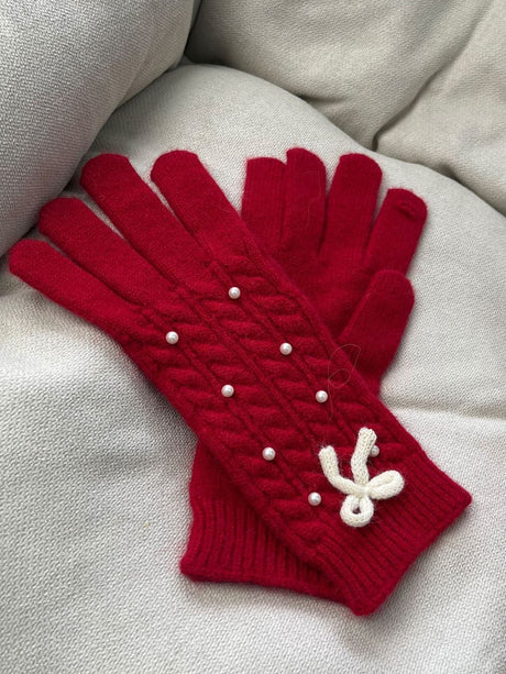 Thermal Pearl Detail Bow Five-Finger Gloves | Hanalas