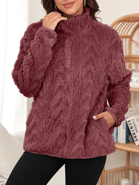 Fuzzy Zip Up Long Sleeve Jacket | Hanalas