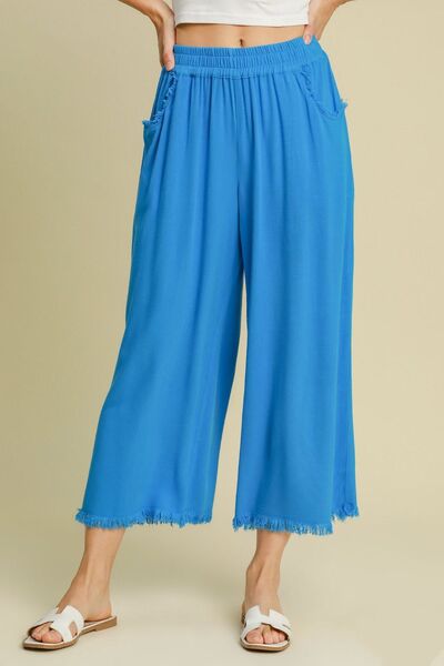 Umgee Full Size Linen Blend Elastic Waistband Wide Leg Pants Plus Size | Hanalas