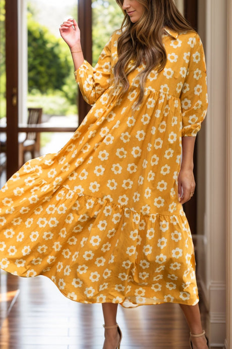 Floral Collared Neck Three-Quarter Sleeve Dress Trendsi Hanalas