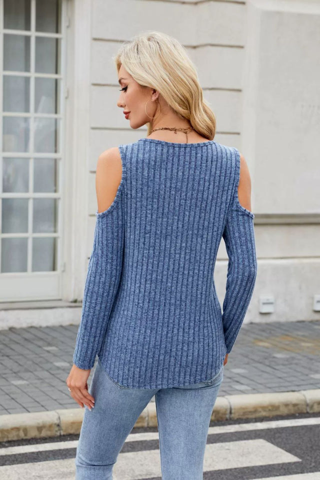 Ribbed Cold Shoulder Long Sleeve Top | Hanalas